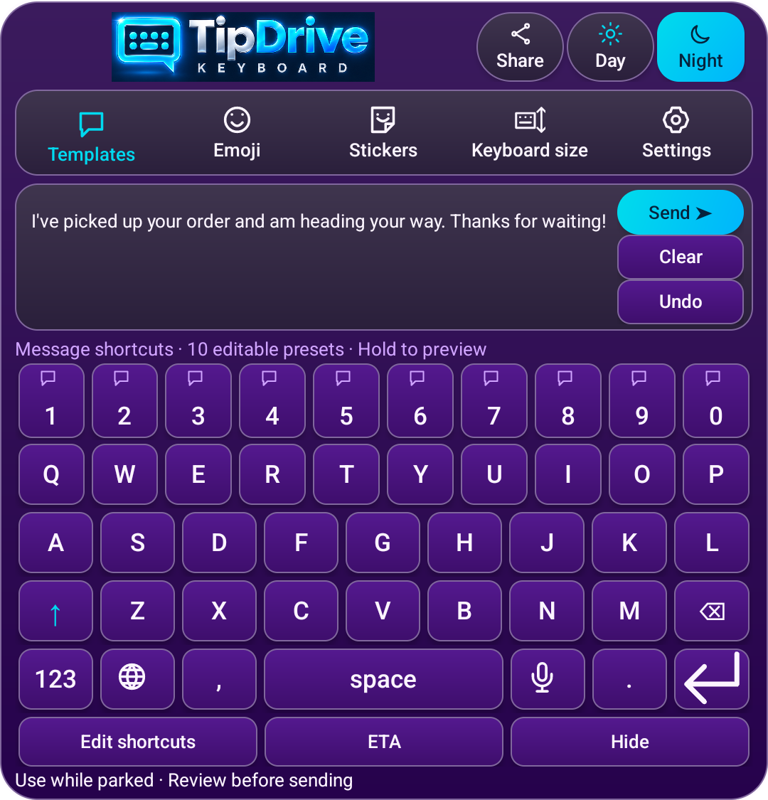TipDrive 1.1.0 keyboard in Lavender Night mode with shortcut 4 inserted into the message preview
