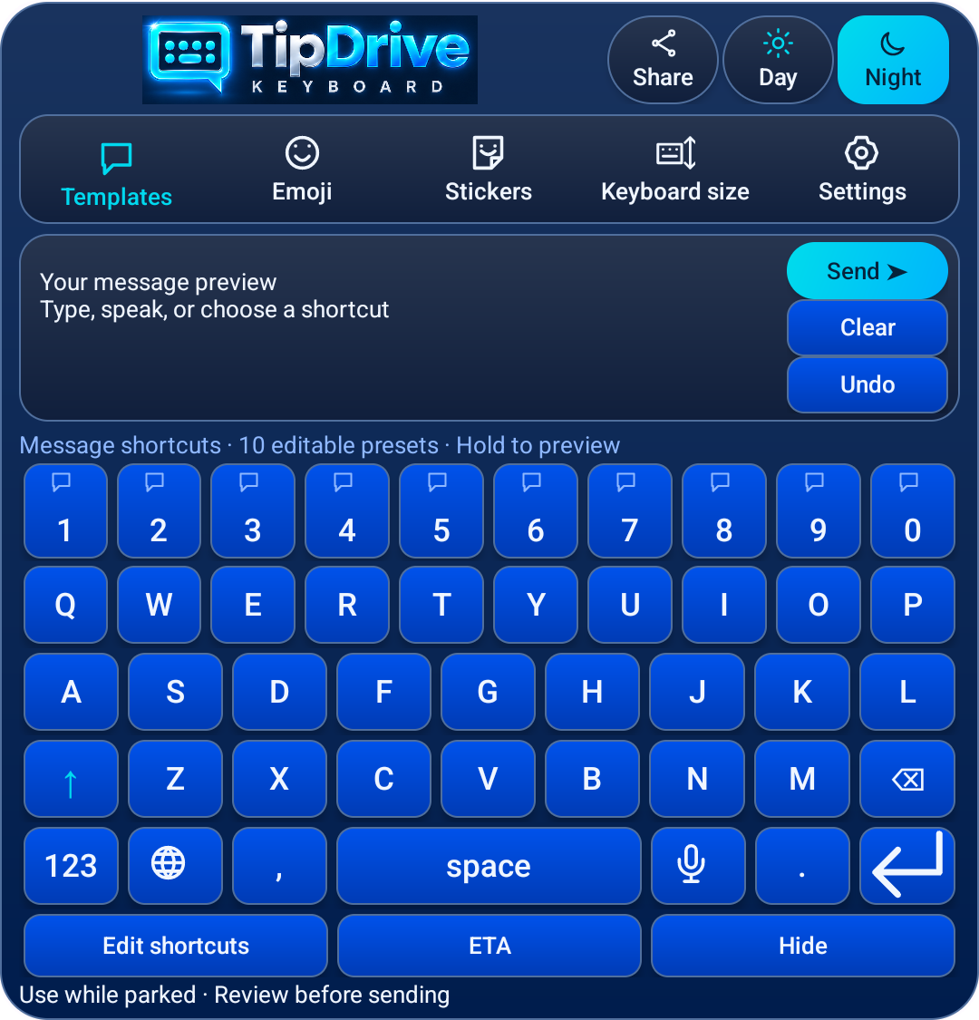 TipDrive 1.1.0 Android keyboard in Night mode with the Ocean Blue color, showing ten message shortcuts