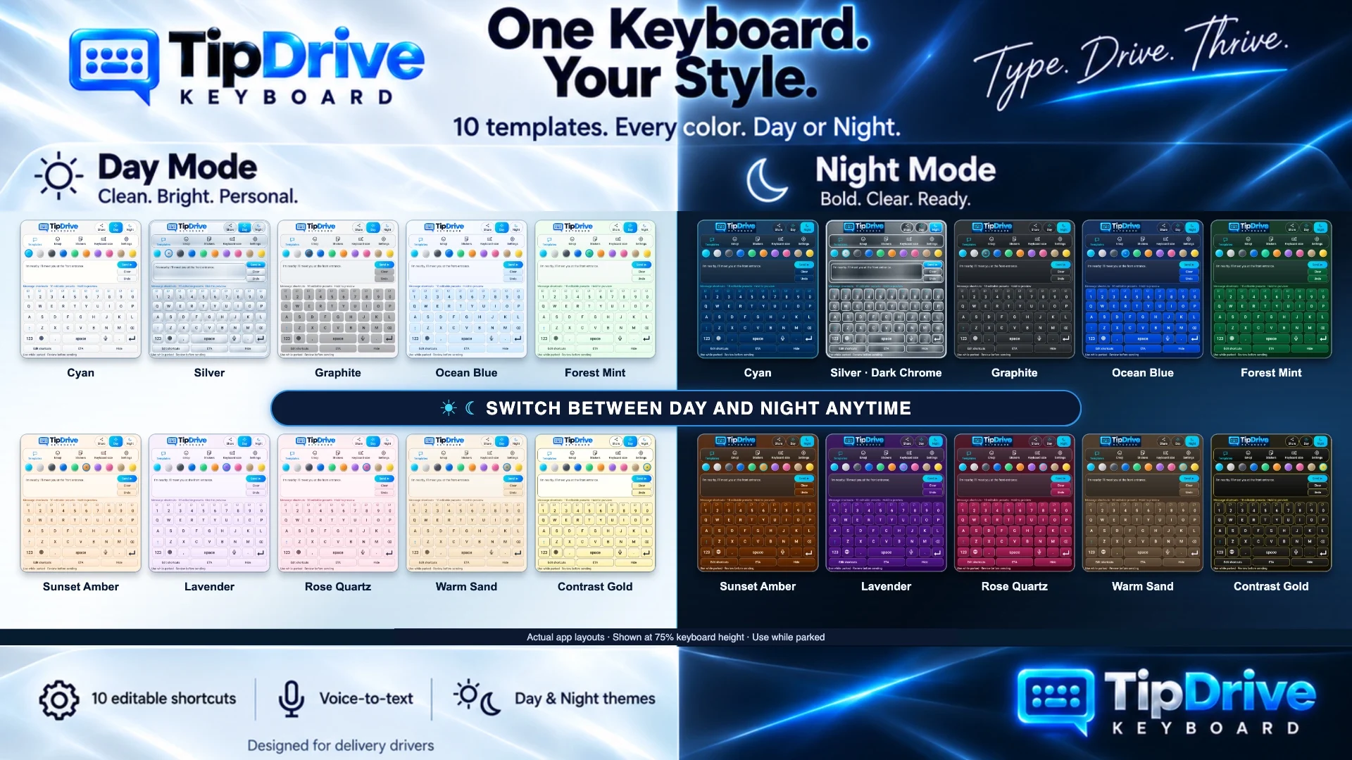Official Google Play banner: One Keyboard. Your Style. All ten TipDrive colors shown in Day and Night.